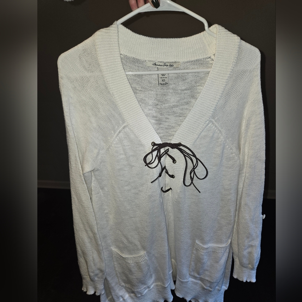 🌟American Rag Cream V-Neck Sweater with Lace-Up Detail Size XS